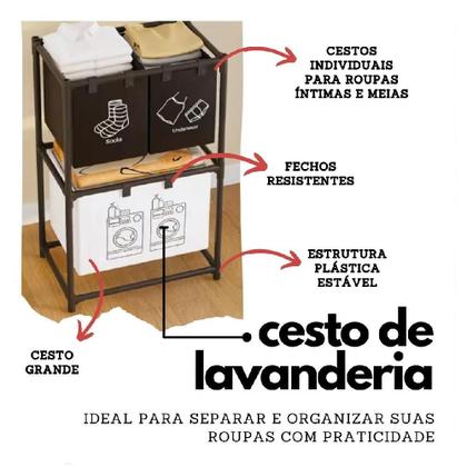 Imagem de Cesto lavanderia triplo estante metal roupa suja 2 andares roupeiro 3 divisorias organizador banheiro multiuso armario d