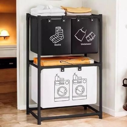 Imagem de Cesto lavanderia triplo estante metal roupa suja 2 andares roupeiro 3 divisorias organizador banheiro multiuso armario d