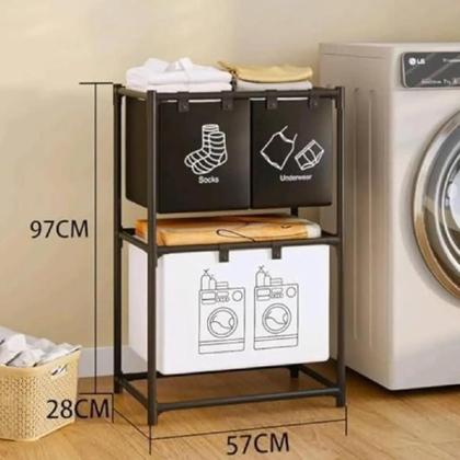 Imagem de Cesto lavanderia triplo estante metal roupa suja 2 andares roupeiro 3 divisorias organizador banheiro multiuso armario d