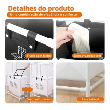 Imagem de Cesto lavanderia triplo estante metal roupa suja 2 andares roupeiro 3 divisorias organizador banheiro multiuso armario d