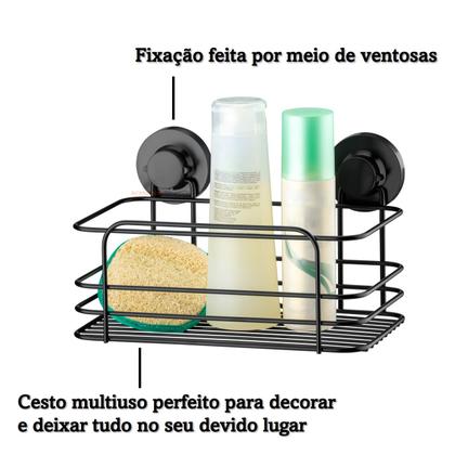 Imagem de Cesto Multiuso Suporte Porta Shampoo Temperos Condimentos Ventosa Banheiro Cozinha Preto Fosco - 4016PT Future 