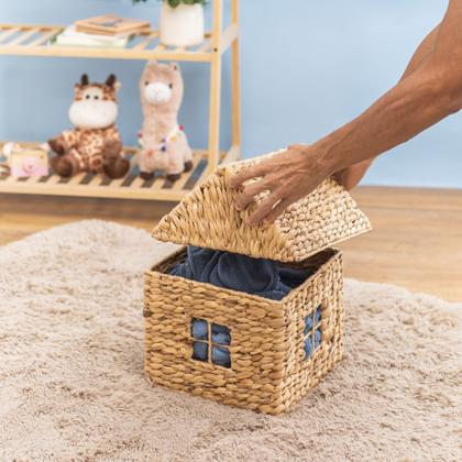 Imagem de cesto organizador com tampa 30cm casinha de fibra natural multiuso - Oikos