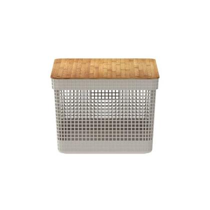 Imagem de Cesto Organizador Grid Bege 20 L com Tampa de Bambu 39 x 29 x 22,6 cm Ou