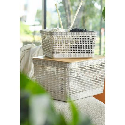 Imagem de Cesto Organizador Grid Bege 20 L com Tampa de Bambu 39 x 29 x 22,6 cm Ou