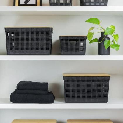 Imagem de Cesto Organizador Grid Com Tampa Em Bambu 20l Ou Preto