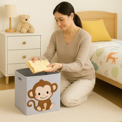 Imagem de Cesto organizador infantil 30cm dobrável em tecido poliéster estampa de animais brinquedos roupas