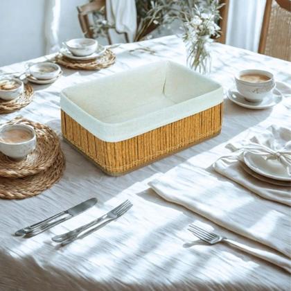 Imagem de Cesto Organizador Multiuso de Palha com Forro 29x19x10cm MEK