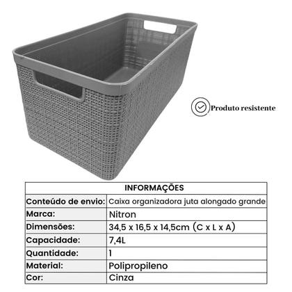 Imagem de Cesto Organizador Plástico Juta Alongado G 34Cm 7,4L Cinza