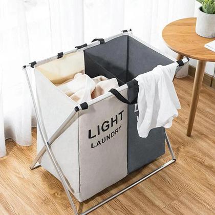 Imagem de Cesto Roupa Suja Duplo 2 Divisões Cromado Organizador Lavanderia Quarto Banheiro Multiuso TNT