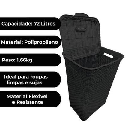 Imagem de Cesto Roupa Suja Retangular 72 Lts Rattan Com Tampa Preto