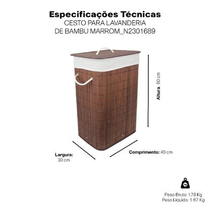Imagem de Cesto Roupas Para Lavanderia de Bambu Marrom Organização 60 Litros