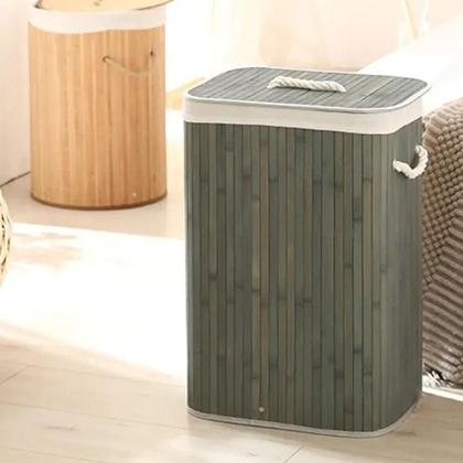 Imagem de Cesto Roupas Sujas Bambu Retangular Forrado Banheiro Grande