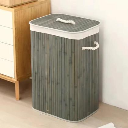 Imagem de Cesto Roupas Sujas Bambu Retangular Forrado Banheiro Grande