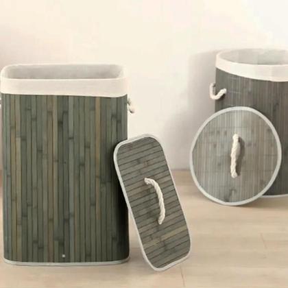 Imagem de Cesto Roupas Sujas Bambu Retangular Forrado Banheiro Grande