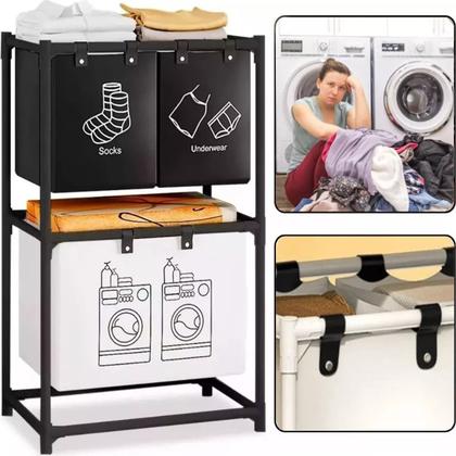 Imagem de Cesto Triplo Roupas Sujas Divisórias Banheiro Lavanderia Aço