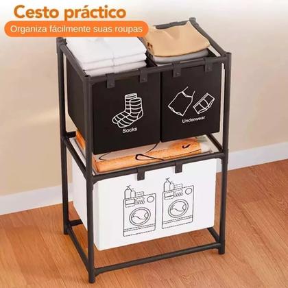 Imagem de Cesto Triplo Roupas Sujas Divisórias Banheiro Lavanderia Aço