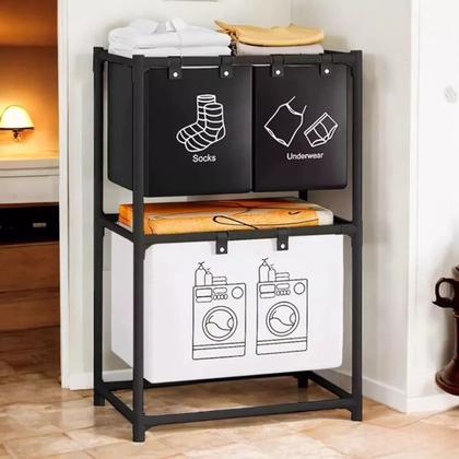 Imagem de Cesto Triplo Roupas Sujas Divisórias Banheiro Lavanderia Aço