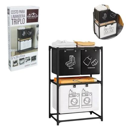 Imagem de Cesto Triplo Roupas Sujas Divisórias Banheiro Lavanderia Aço