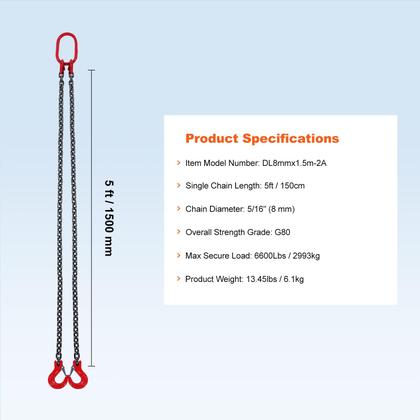 Imagem de Chain Sling VEVOR 5/16 polegadas x 5 pés com ganchos de capacidade de 3 toneladas