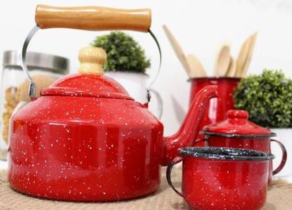 Imagem de Chaleira 2 Lts Esmaltada Cabo Madeira Fogão Indução