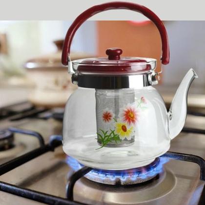 Imagem de Chaleira Bule Vidro Chá Decorada Fogão Infusor Inox Leite