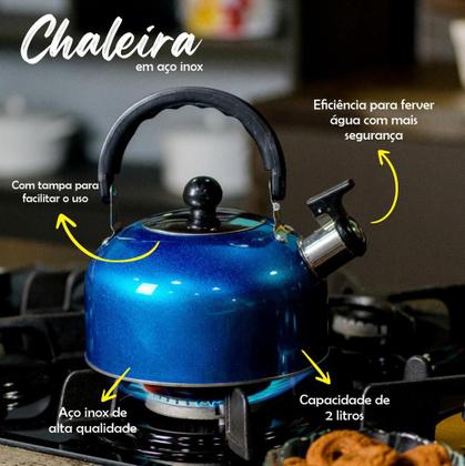 Chaleira de inox 2 litros com apito e alça para café chá - 123util Imagem de Chaleira de inox 2 litros com apito e alça para café chá