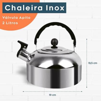 Chaleira de inox 2 litros com apito e alça para café chá - 123util Imagem de Chaleira de inox 2 litros com apito e alça para café chá