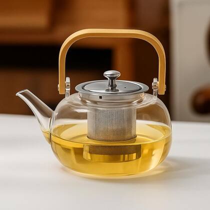 Imagem de Chaleira de Vidro Alça de Bambu Infusor Inox Vai Ao Fogo 1L