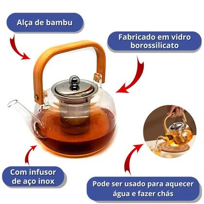 Imagem de Chaleira de Vidro Alça de Bambu Infusor Inox Vai Ao Fogo 1L