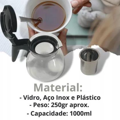 Imagem de Chaleira de Vidro com Infusor Chá Café Bule 1litro Aço Inox 