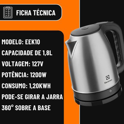 Imagem de Chaleira Elétrica Electrolux EEK10 com Capacidade de 1,8L Litros e Potência de 1200w na voltagem 127v