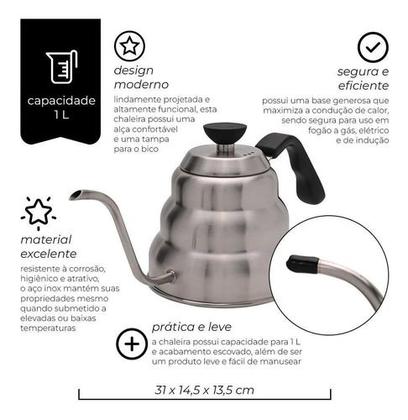 Imagem de Chaleira Inox Bico Fino 1 Litro Mimo Style Chá, Leite E Café