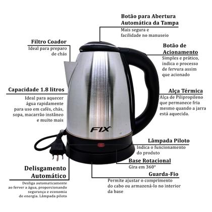 Imagem de Chaleira Jarra Elétrica Térmica Fix 1.8L 220 E 127 V Com Fundo Removível 1000W Em Inox 