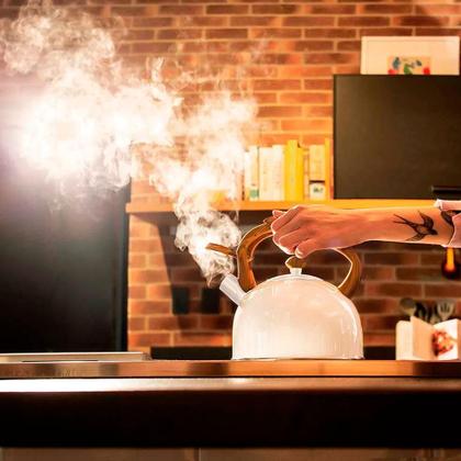 Chaleira Wood Bege Aço Inoxidável 2,5L Com Apito Alça Baquelite