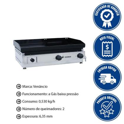 Imagem de Chapa Bifeteira a Gás Baixa Pressão Venâncio em Aço Inox Deguste Luxo com 65 cm - C65 14213