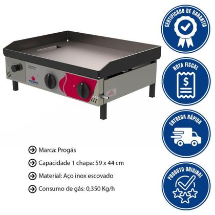 Imagem de Chapa Bifeteira A Gás Progás PR-650G STYLE 59 x 44cm Para Lanches Em Aço Inox Escovado P28661