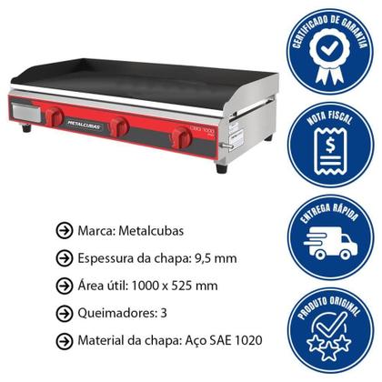 Imagem de Chapa Bifeteira Profissional A Gás Metalcubas CBG 1000 PRO 9,5mm Área 100x52,5cm 12030G(10348)