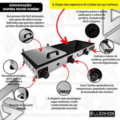 Imagem de Chapa Chapeira 90x30 Ludinox Hamburguer Multiuso Grill Com Prensa