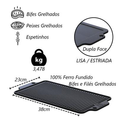 Imagem de Chapa Dupla Face Slim em Ferro Fundido Lisa Grelhada 38x23cm