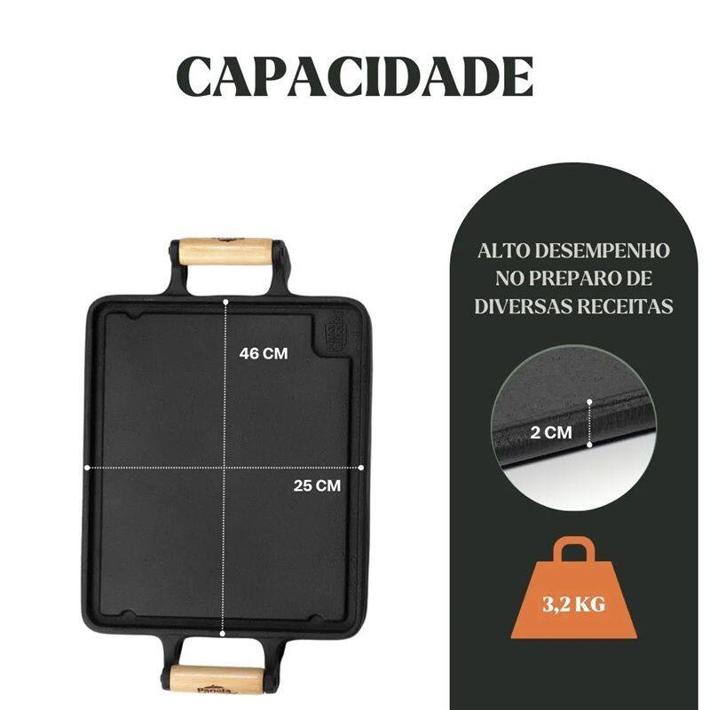 Imagem de Chapa Lisa de Ferro Retangular Alça Madeira 46x25x2cm Fumil