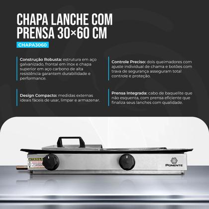 Imagem de Chapa Para Lanche Com Prensa Inox á Gás 2 Bocas 30x60cm Ponente