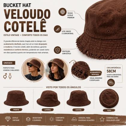 Imagem de Chapéu Bucket Cotelê Unissex Aba Desfiada Estilo Vintage Streetwear Cor:Marrom