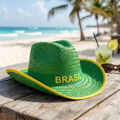 Imagem de Chapéu Cowboy Palha Sintética Brasil Verde Festas