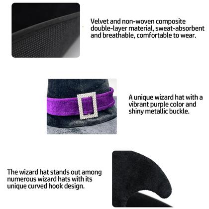 Imagem de Chapéu de bruxa de veludo de Halloween Seasons Stars SSDecor roxo  Chapéu de feiticeiro exclusivo com cores vibrantes e fivela metálica  acessório de fantasia de Halloween para mulheres e meninas