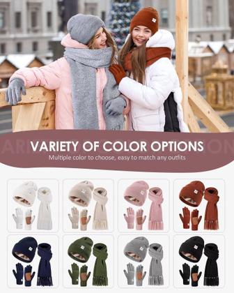 Imagem de Chapéu de inverno, cachecol, conjunto de luvas SENPUKI, forrado de cetim para mulheres e homens