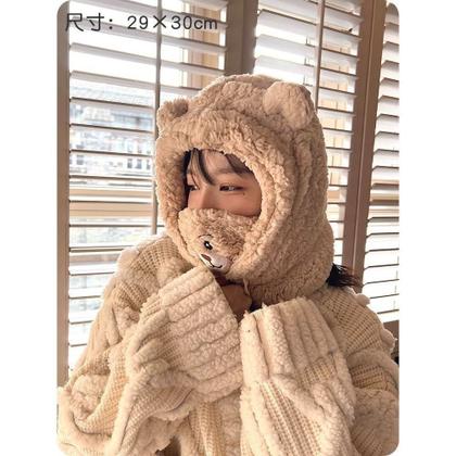 Imagem de Chapéu de orelhas de urso Kawaii capa de cachecol 3 em 1 gorro de lã de lã de ovelha gorro de malha gorro
