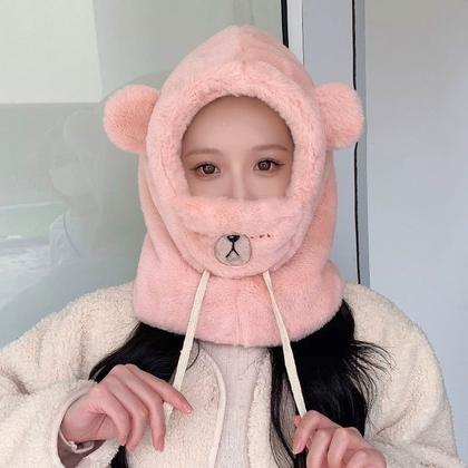 Imagem de Chapéu de orelhas de urso Kawaii capa de cachecol 3 em 1 gorro de lã de lã de ovelha gorro de malha gorro
