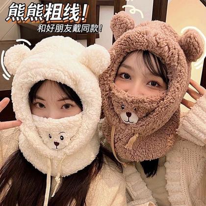 Imagem de Chapéu de orelhas de urso Kawaii capa de cachecol 3 em 1 gorro de lã de lã de ovelha gorro de malha gorro