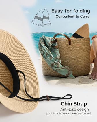 Imagem de Chapéu de Palha FURTALK Feminino - Praia, Sol, UV UPF 80+, Dobrável (Bege)