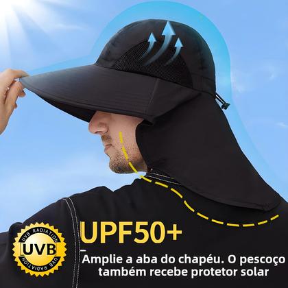Imagem de Chapéu de Pesca Masculino com Aba Larga e Protetor de Pescoço - Secagem Rápida